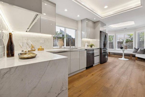 Interior, Kitchen, Recessed Lighting, Stainless Steel Appliances, Wood Texture Flooring