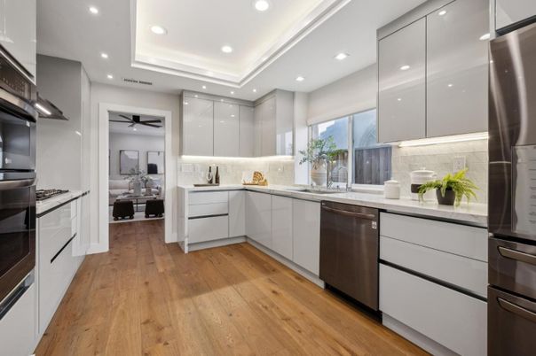 Interior, Kitchen, Recessed Lighting, Stainless Steel Appliances, Wood Texture Flooring