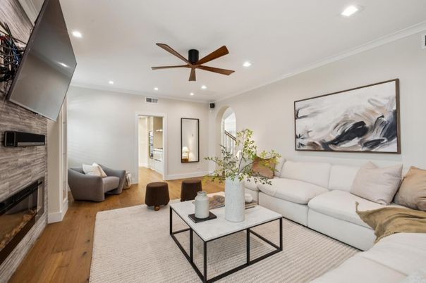 Fireplace, Interior, Living room, Recessed Lighting, Wood Texture Flooring