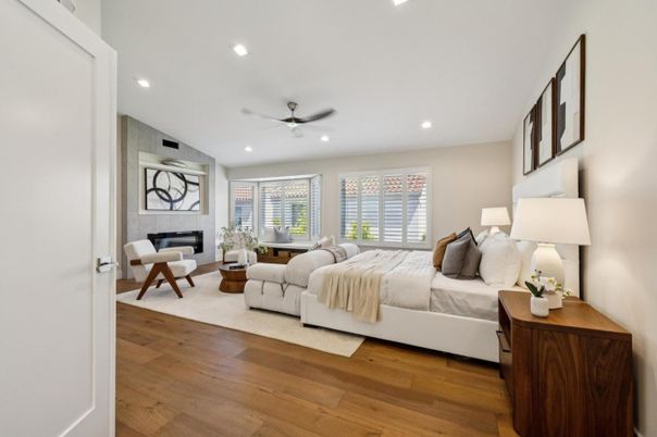 Bedroom, Fireplace, Interior, Living room, Recessed Lighting, Wood Texture Flooring