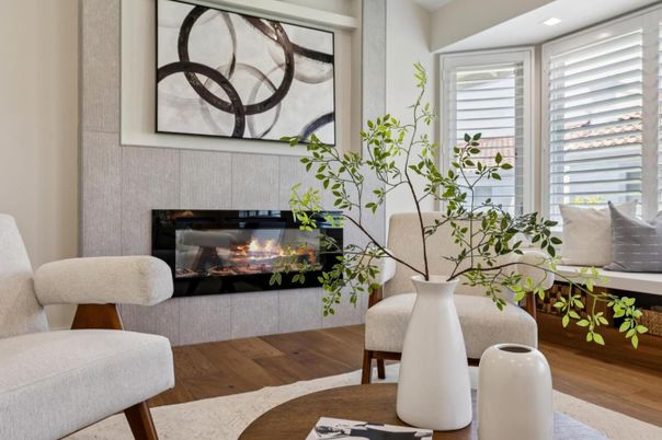 Bedroom, Fireplace, Interior, Recessed Lighting, Wood Texture Flooring