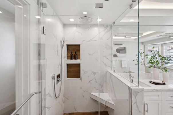 Bathroom, Dual Sink Vanities, Interior, Recessed Lighting, Wood Texture Flooring