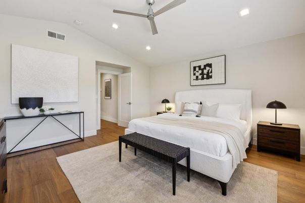 Bedroom, Interior, Recessed Lighting, Wood Texture Flooring