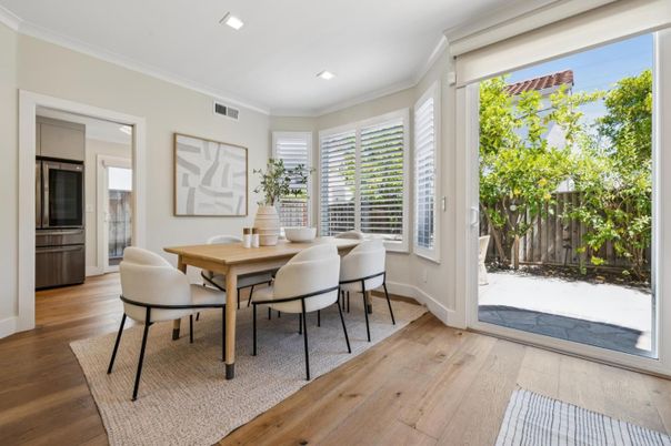 Dining room, Interior, Recessed Lighting, Wood Texture Flooring