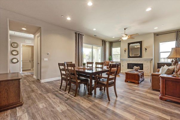 Dining room, Fireplace, Interior, Recessed Lighting, Wood Texture Flooring