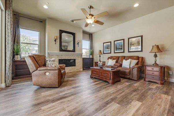 Fireplace, Interior, Living room, Recessed Lighting, Wood Texture Flooring