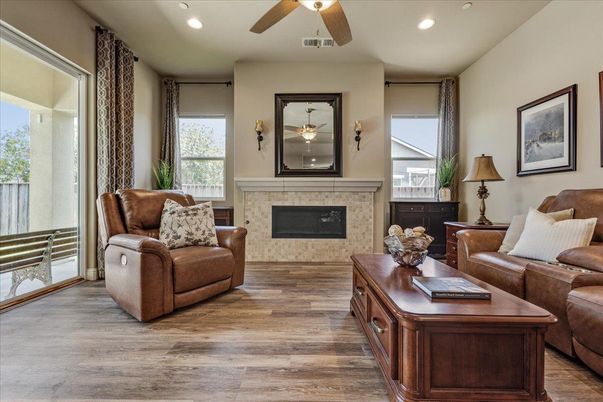 Fireplace, Interior, Living room, Recessed Lighting, Wood Texture Flooring