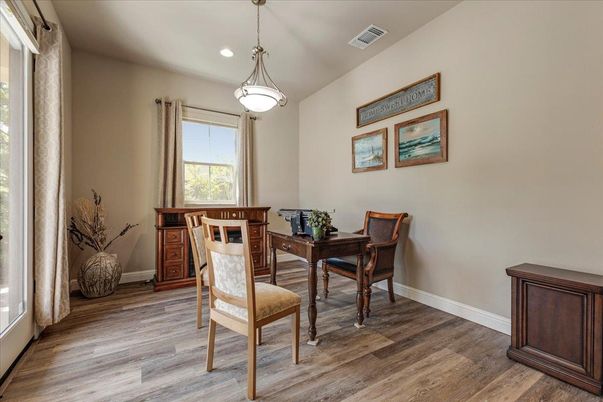 Dining room, Interior, Pendant Lights, Recessed Lighting, Wood Texture Flooring