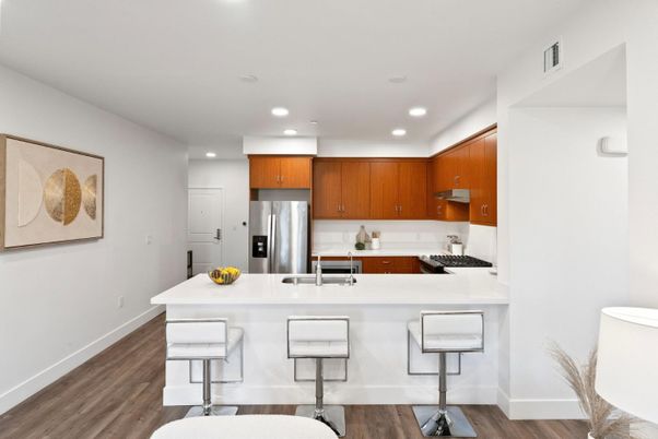 Interior, Kitchen, Recessed Lighting, Stainless Steel Appliances, Wood Texture Flooring