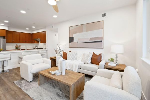 Interior, Kitchen, Living room, Recessed Lighting, Wood Texture Flooring