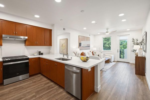 Interior, Kitchen, Living room, Recessed Lighting, Stainless Steel Appliances, Wood Texture Flooring