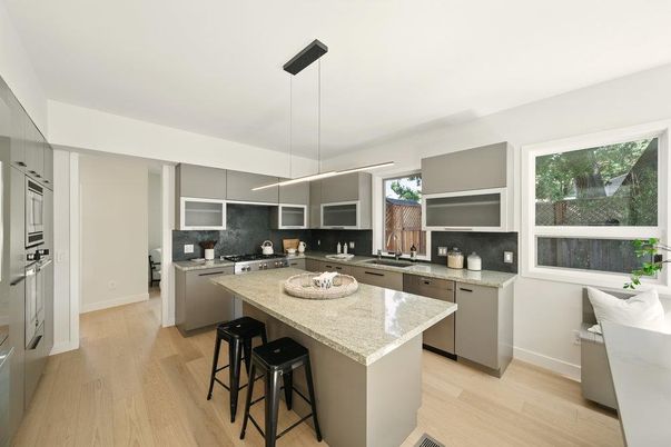 Interior, Kitchen, Pendant Lights, Stainless Steel Appliances, Wood Texture Flooring