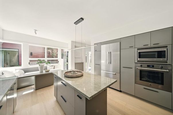 Interior, Kitchen, Pendant Lights, Stainless Steel Appliances, Wood Texture Flooring