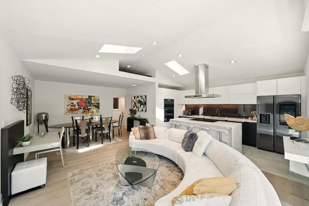 Dining room, Interior, Kitchen, Living room, Recessed Lighting, Stainless Steel Appliances, Wood Texture Flooring