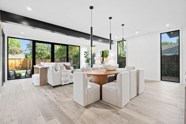 Dining room, Interior, Living room, Pendant Lights, Recessed Lighting, Wood Texture Flooring