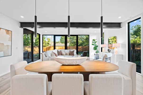 Dining room, Interior, Living room, Pendant Lights, Recessed Lighting, Wood Texture Flooring