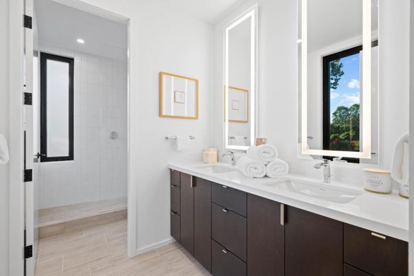 Bathroom, Dual Sink Vanities, Interior, Recessed Lighting, Wood Texture Flooring
