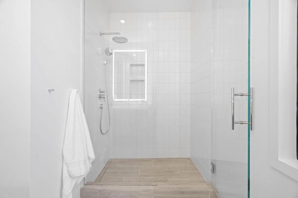 Bathroom, Glass Shower, Interior, Wood Texture Flooring
