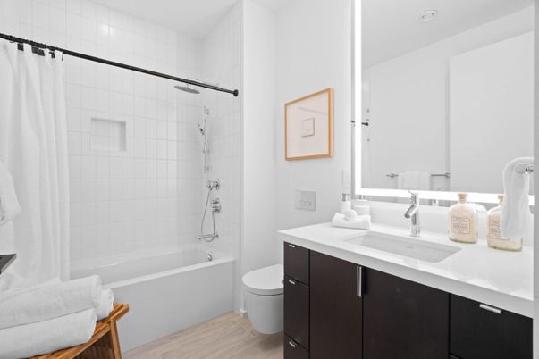 Bathroom, Interior, Recessed Lighting, Wood Texture Flooring