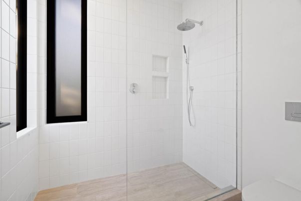 Bathroom, Glass Shower, Interior, Wood Texture Flooring