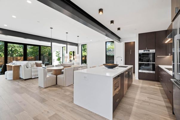 Dining room, Interior, Kitchen, Living room, Pendant Lights, Recessed Lighting, Stainless Steel Appliances, Wood Texture Flooring