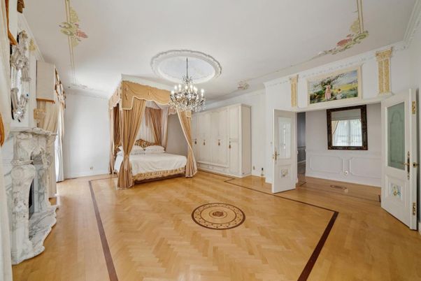 Bedroom, Chandelier, Fireplace, Interior, Wood Texture Flooring