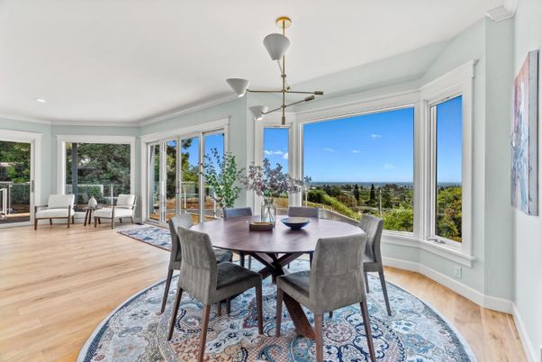 Dining room, Interior, Recessed Lighting, Wood Texture Flooring