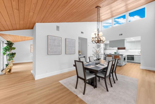 Chandelier, Dining room, Interior, Kitchen, Wooden Ceilings, Wood Texture Flooring