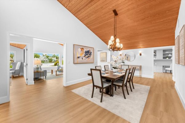 Chandelier, Dining room, Interior, Pendant Lights, Wooden Ceilings, Wood Texture Flooring