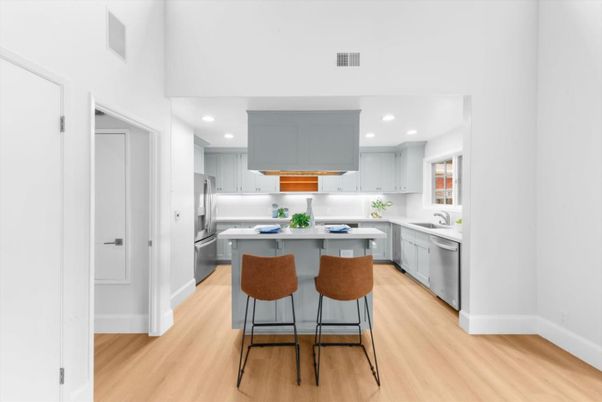 Interior, Kitchen, Recessed Lighting, Stainless Steel Appliances, Wood Texture Flooring