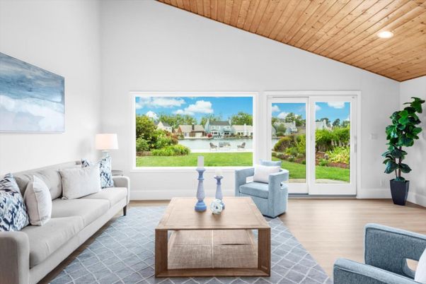 Interior, Living room, Recessed Lighting, Water, Wooden Ceilings, Wood Texture Flooring