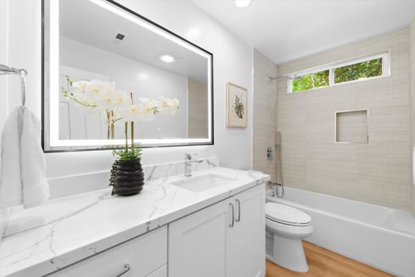 Bathroom, Glass Shower, Interior, Recessed Lighting, Wood Texture Flooring