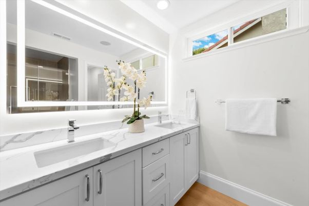 Bathroom, Dual Sink Vanities, Interior, Recessed Lighting, Wood Texture Flooring