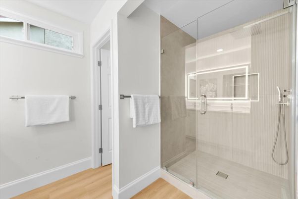 Bathroom, Glass Shower, Interior, Wood Texture Flooring