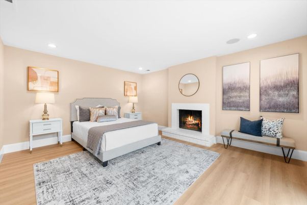 Bedroom, Fireplace, Interior, Recessed Lighting, Wood Texture Flooring