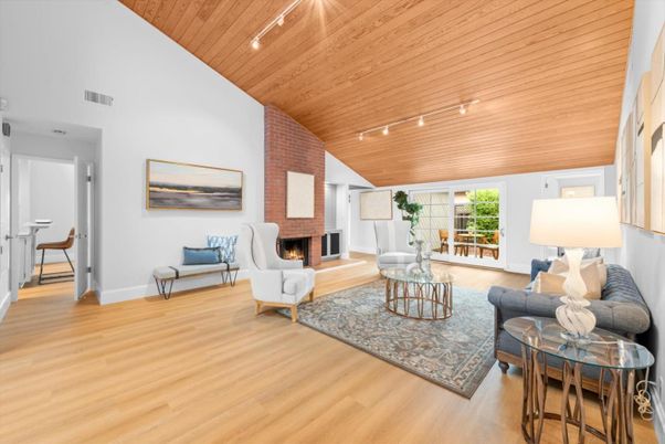 Fireplace, Interior, Living room, Recessed Lighting, Stone Walls, Wooden Ceilings, Wood Texture Flooring