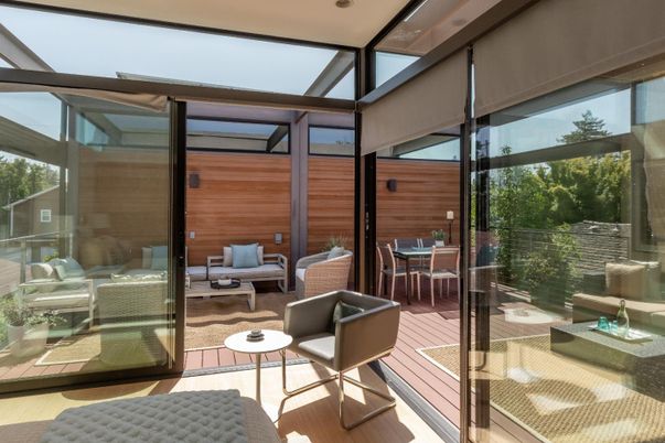 Dining room, Interior, Sun Room, Wood Texture Flooring, Wooden Walls