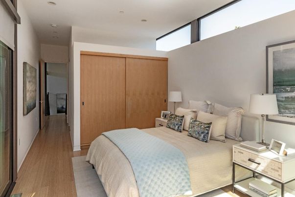 Bedroom, Interior, Recessed Lighting, Wood Texture Flooring