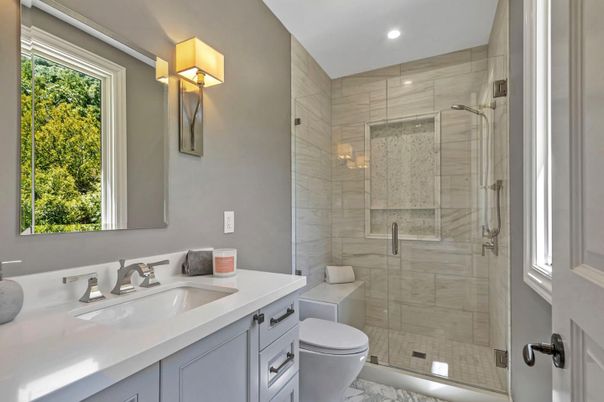 Bathroom, Glass Shower, Interior, Marble, Recessed Lighting