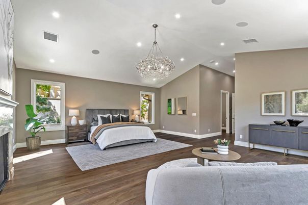 Bedroom, Chandelier, Interior, Recessed Lighting, Wood Texture Flooring