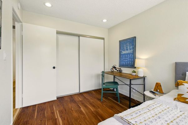 Bedroom, Interior, Recessed Lighting, Wood Texture Flooring