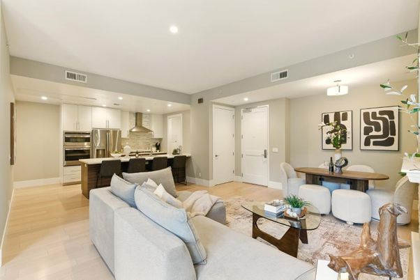 Dining room, Interior, Kitchen, Living room, Recessed Lighting, Stainless Steel Appliances, Wood Texture Flooring
