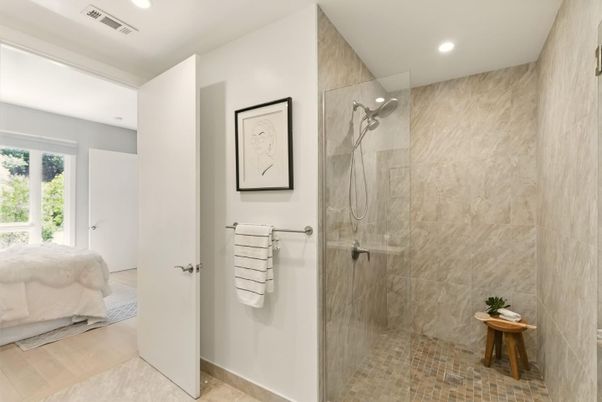 Bathroom, Glass Shower, Interior, Recessed Lighting, Wood Texture Flooring