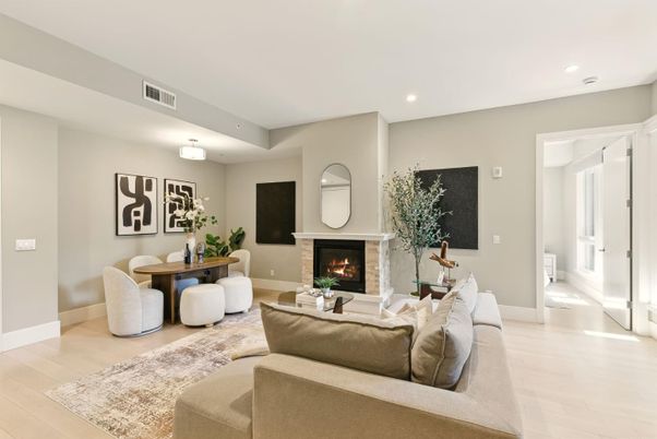 Dining room, Fireplace, Interior, Living room, Recessed Lighting, Wood Texture Flooring