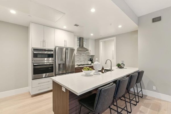 Interior, Kitchen, Recessed Lighting, Stainless Steel Appliances, Wood Texture Flooring