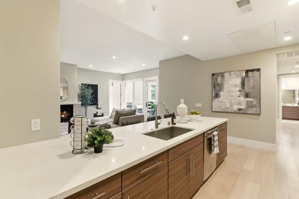 Fireplace, Interior, Kitchen, Living room, Recessed Lighting, Wood Texture Flooring