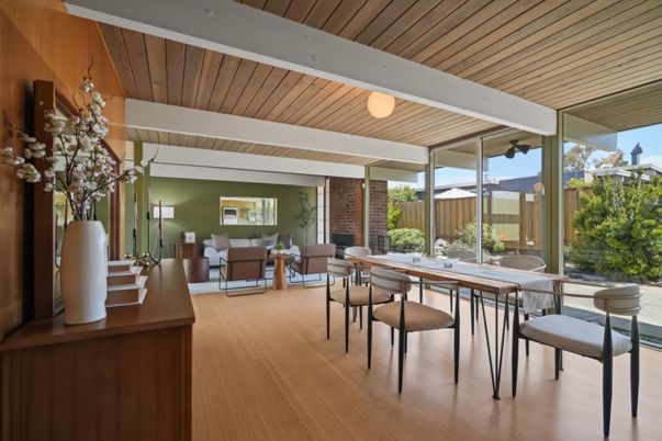 Dining room, Interior, Living room, Stone Walls, Wood Texture Flooring