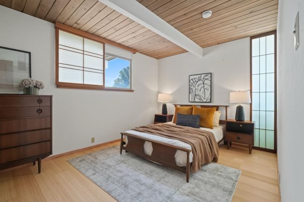 Bedroom, Interior, Recessed Lighting, Wooden Ceilings, Wood Texture Flooring