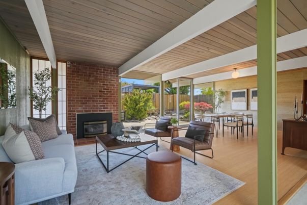 Dining room, Fireplace, Interior, Living room, Stone Walls, Wooden Ceilings, Wood Texture Flooring