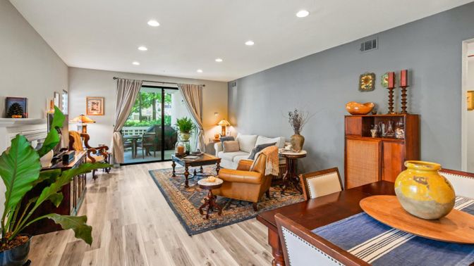 Dining room, Fireplace, Interior, Living room, Recessed Lighting, Wood Texture Flooring